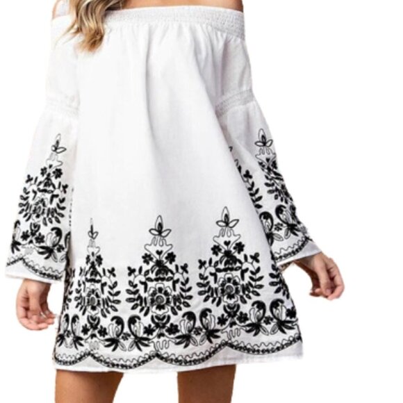 Women Bell Sleeve Dress, Off The Shoulder Dress, Embroidered Dress - Picture 2 of 6